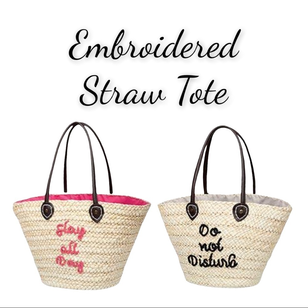 NWT Serra Embroidered Straw Tote Bag,Pink or Black - Picture 11 of 13